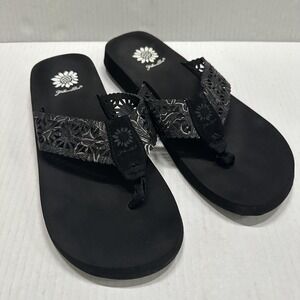 Yellow Box Shoes Womens Size 9 Black Flip Flop Sandals Floral Cutout Comfort